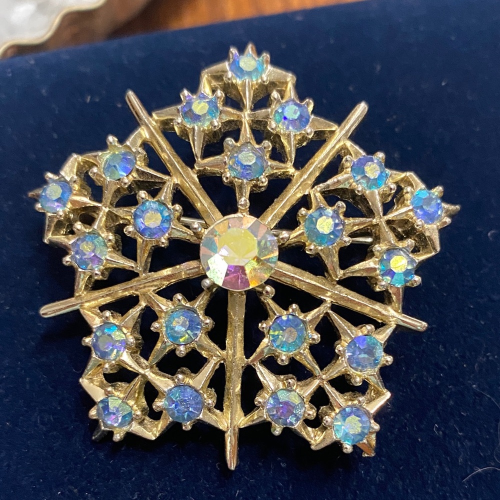 Gold and Blue AB Brooch